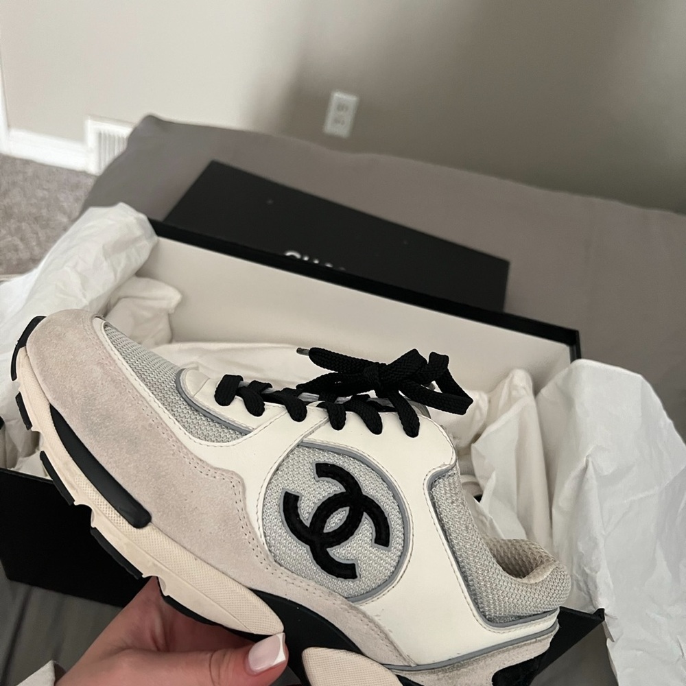 CHANEL White and Silver Sneakers
